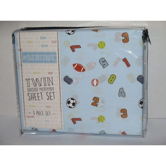 BEDTIME VARSITY ALL SPORTS FOOTBALL BASKETBALL SOCCER Twin Sheet Set Blue - Picture 1 of 3